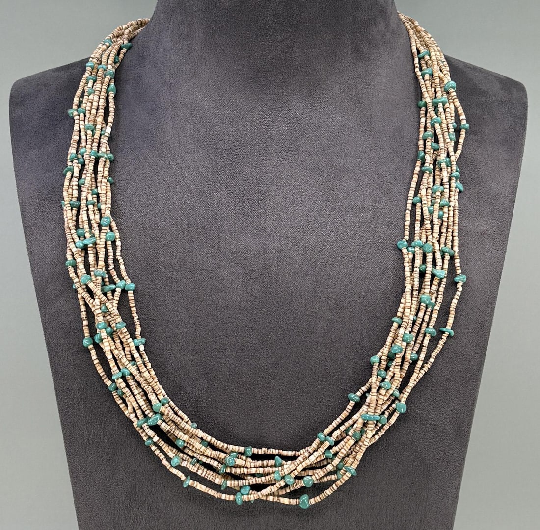 Santo Domingo Turquoise Heishi Bead Necklace: 14" long closed. 9 strand.