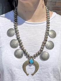 Old Pawn Navajo Coin Squash Blossom Necklace