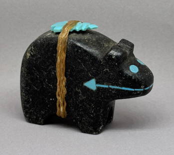 Zuni Heartline Inlaid Bear Fetish: 3 1/8" by 2 1/2" by 1 1/4". Foot is chipped as shown.