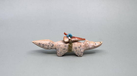 Edna Leki Zuni Carved Fox Fetish: 3 3/4" long by 1 1/4" wide by 5/8" tall. Tail has been repaired.