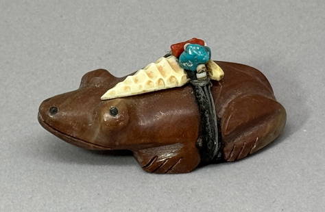Anderson Weahkee Zuni Fetish Frog: 2 3/8" long by 1 1/8" wide by 1" tall.