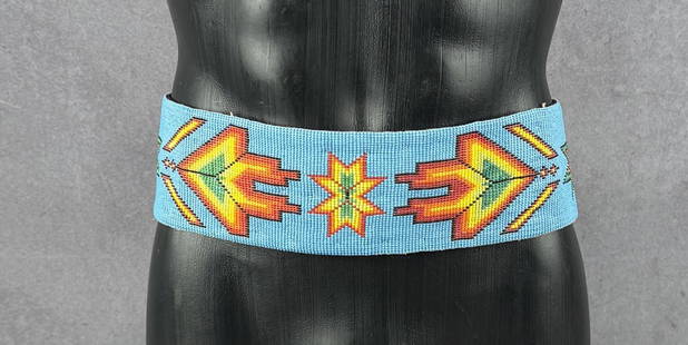 Blackfoot Native American Indian Beaded Belt: 64 1/2" long, 3" wide. Mid 20th Century.
