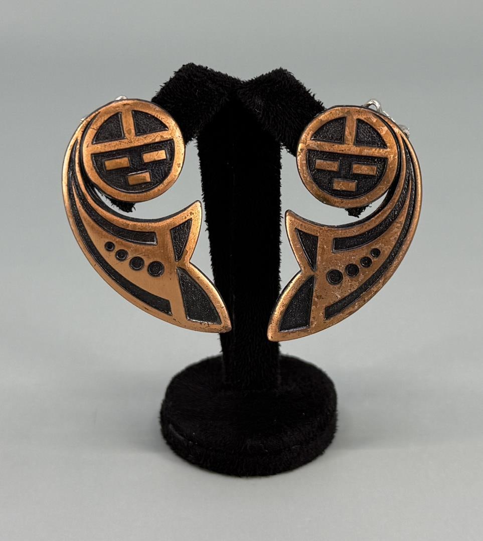 Hopi Sunface Copper Trading Post Earrings: 1 5/8" long.