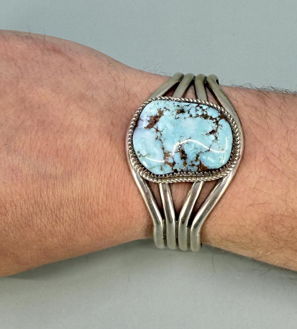 Tim Guerro Navajo Sterling Turquoise Cuff Bracelet: Outside diameter is 2 1/2". 56.47 grams.