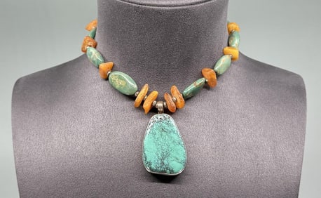 Navajo Sterling Silver Turquoise Amber Necklace