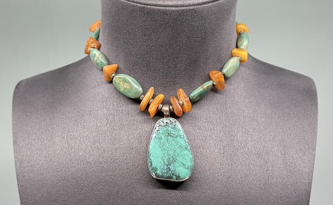 Navajo Sterling Silver Turquoise Amber Necklace (1 of 6)