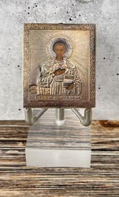 Russian Saint Panteleimon .875 Silver Oklad Icon