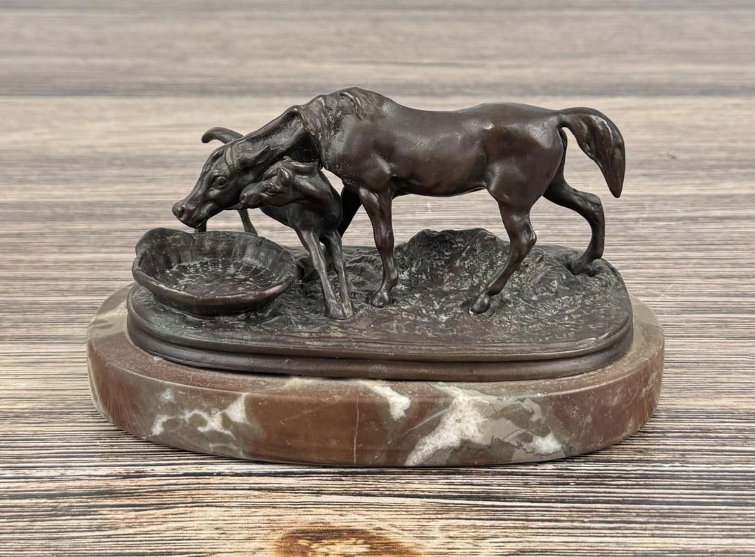 Pierre Jules Mene Mare & Foal Bronze: Title is Mare & Foal. 6 1/4" by 3 1/2" by 3 3/8". Pierre Jules (P.J.) Mene (1810 - 1879) was active/lived in France. Pierre Jules Mene is known for Realistic animal sculpture, dogs, horses, wildlife.