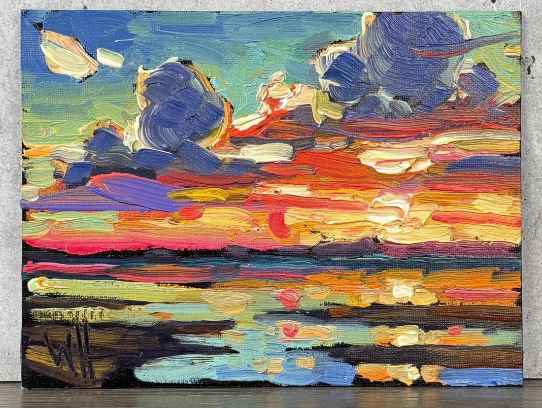 William Hawkins Arizona Oil on Board Painting: Title is Tucson Dawn. 6" by 8". Oil on Board. William Hawkins (Born 1962) is active/lives in Arizona. Wm. Hawkins is known for his colorful and stylized impressionist oil paintings. His work hangs in