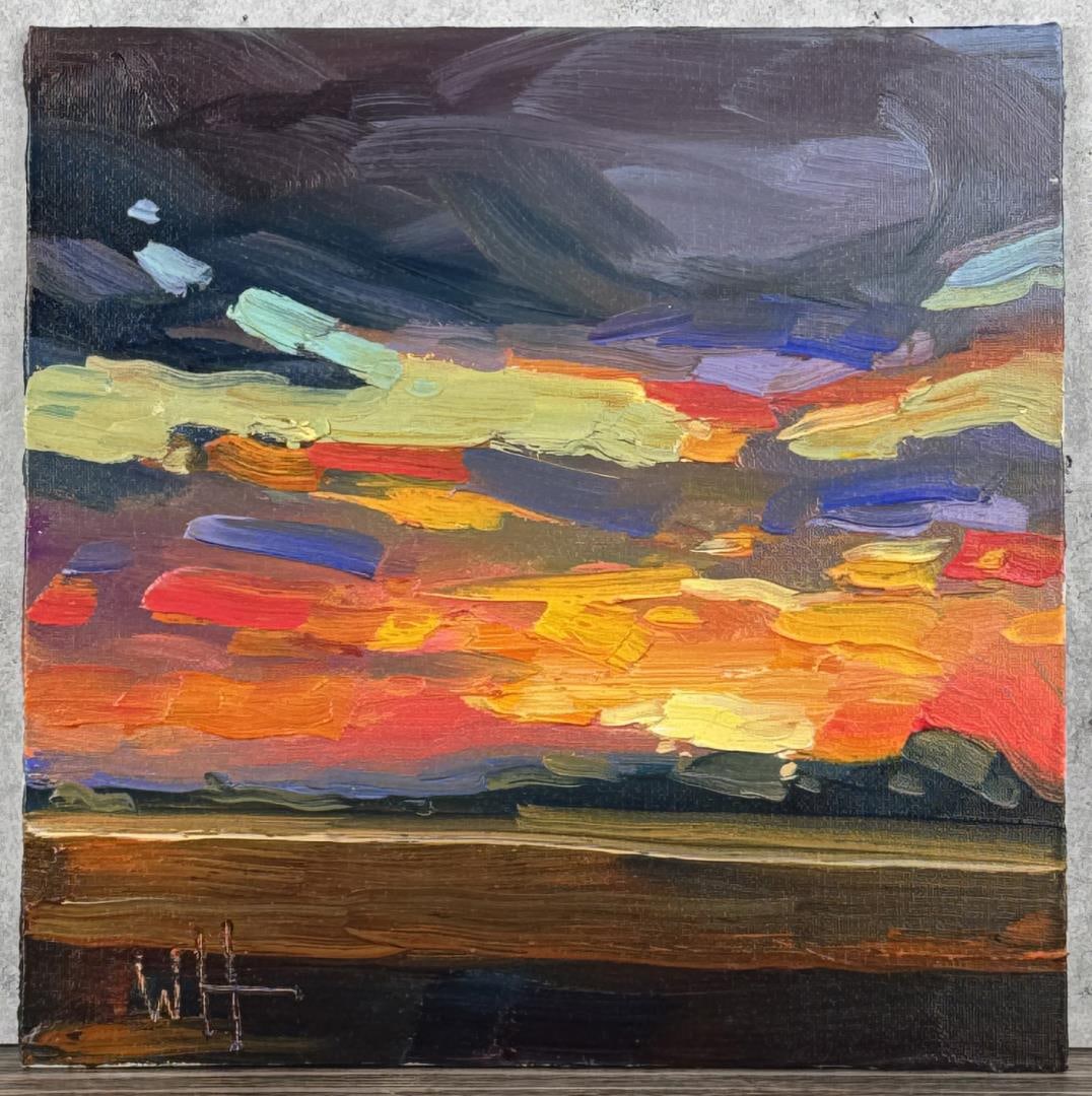 William Hawkins Arizona Oil on Board Painting: Title is Tucson Sundown. 10" by 10". Oil on Board. William Hawkins (Born 1962) is active/lives in Arizona. Wm. Hawkins is known for his colorful and stylized impressionist oil paintings. His work hang