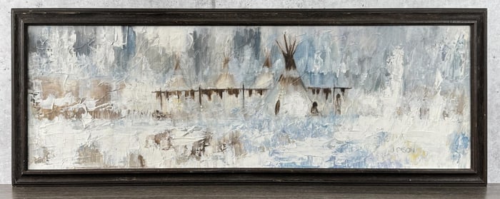 J. Olson Montana Indian Camp Oil Painting