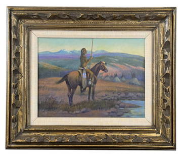 William Steve Seltzer Montana Indian Oil Painting: Title is The Watchdog. 12" by 16" unframed, 20 1/2" by 24 1/2" framed. Oil on Canvas. W. Steve Seltzer (Born 1945) is active/lives in California, Montana. W Seltzer is known for Genre often nostalgic