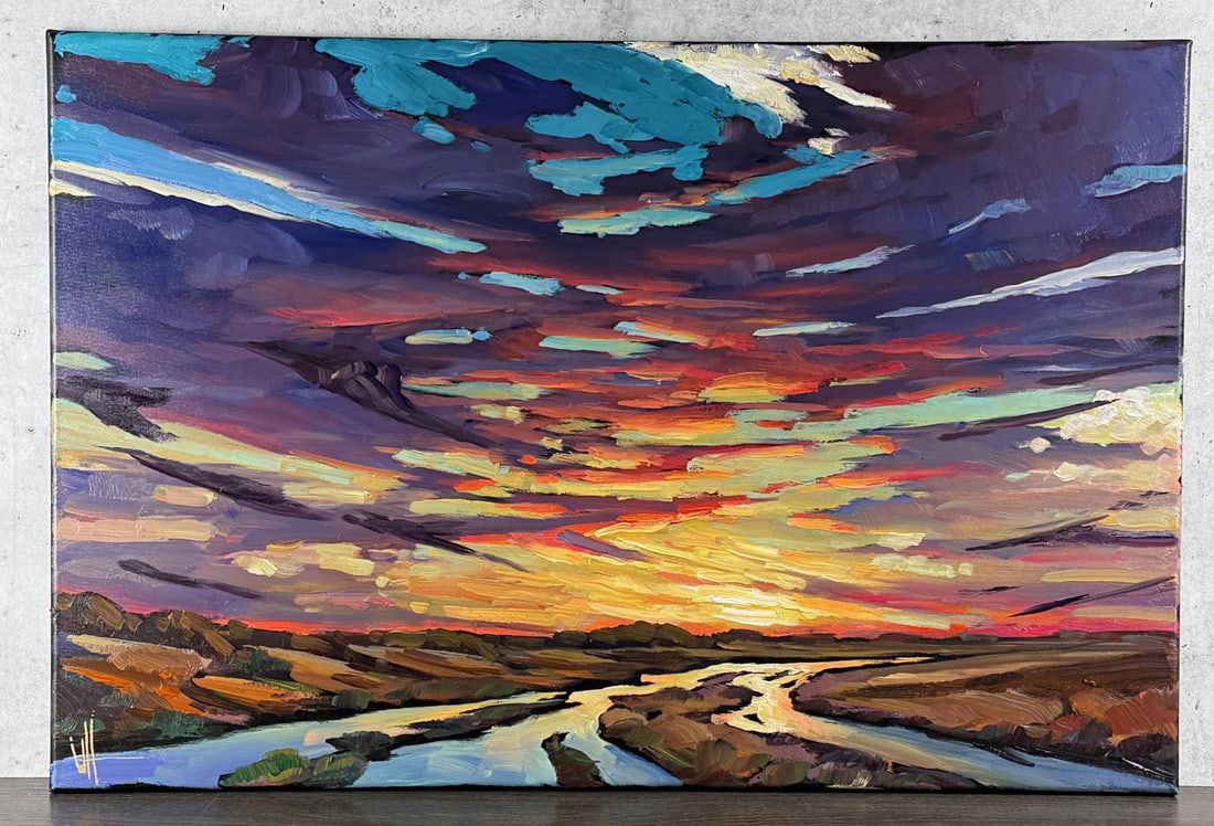 William Hawkins Arizona Oil on Canvas Painting: Title is Red Skies of Tucson. 24" by 36". Oil on Canvas. William Hawkins (Born 1962) is active/lives in Arizona. Wm. Hawkins is known for his colorful and stylized impressionist oil paintings. His wor