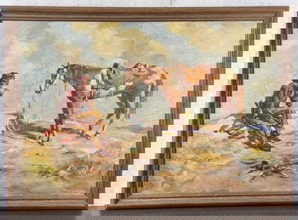 Harold Harrington Betts Indian Warrior Painting: Title is Navajo Warrior. 27" by 39" unframed. 31" by 43" framed. Oil on Canvas. Harold Harrington Betts (1881 - 1963) was active/lived in Illinois, Michigan. Harold Betts is known for Landscape, figur