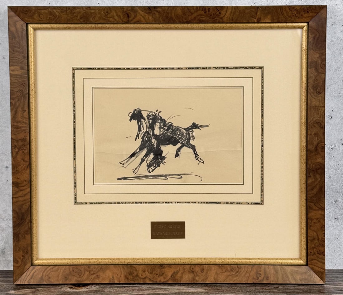 Maynard Dixon Bucking Bronc Pen and Ink Drawing: Title is Bucking Bronc Sketch. 15 3/4" by 17 3/4" framed. 6 1/2" by 8 5/8" inside the front of the matte. Pen and Ink on Paper. Provenance: Estate of Janice and Jack Decoursey (Mary Livingston's Galle