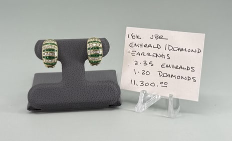 18K Gold Channel Set Diamond & Emerald Earrings