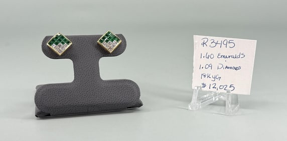 18K Gold Diamond & Emerald Earrings