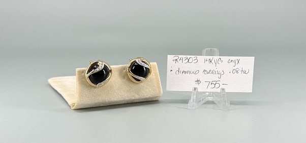 14K Gold Diamond & Onyx Earrings