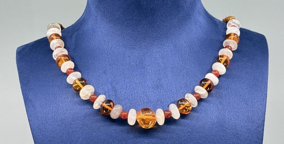 Baltic Amber Rose Quartz Beaded Necklace