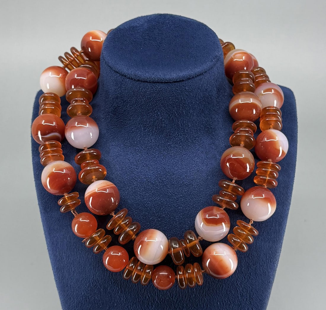 Designer Made Carved Carnelian Amber Necklace: 16" long closed.