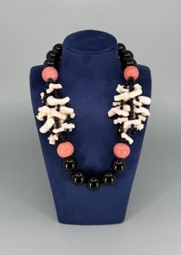 Chinese Designer Black and Pink Coral Necklace