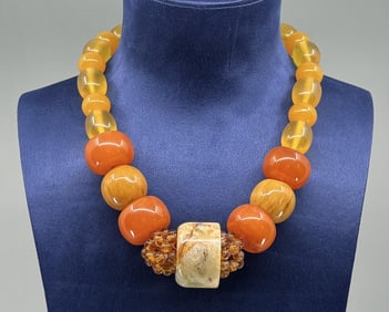 Baltic Egg Yolk Amber Jade Bead Necklace