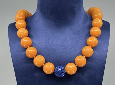 Chinese Butterscotch Amber Lapis Lazuli Necklace