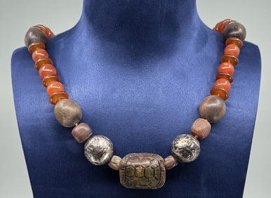 Chinese Horn Carnelian Amber Silver Bead Necklace