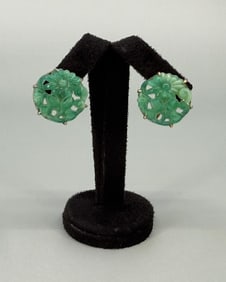 Antique Chinese Carved Green Jade Flower Earrings