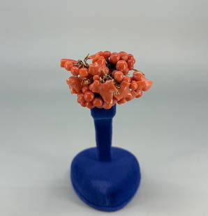 Victorian 18K Gold Coral Grape Cluster Brooch: Unmarked, but XRF tested as 18K. 2 1/4" long. 24.01 grams total weight. Lot requires payment via non credit card.
