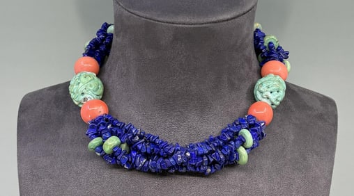 Chinese Lapis Coral Turquoise Beaded Necklace