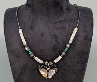 Zuni Sterling Silver Butterfly Heishi Necklace
