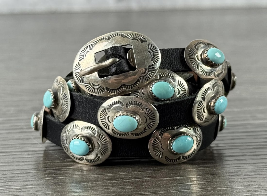 Ladies Navajo Sterling Turquoise Concho Belt: 47" long tip to buckle. Belt is not punched.