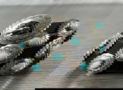 Ladies Navajo Sterling Turquoise Concho Belt: 47" long tip to buckle. Belt is not punched.