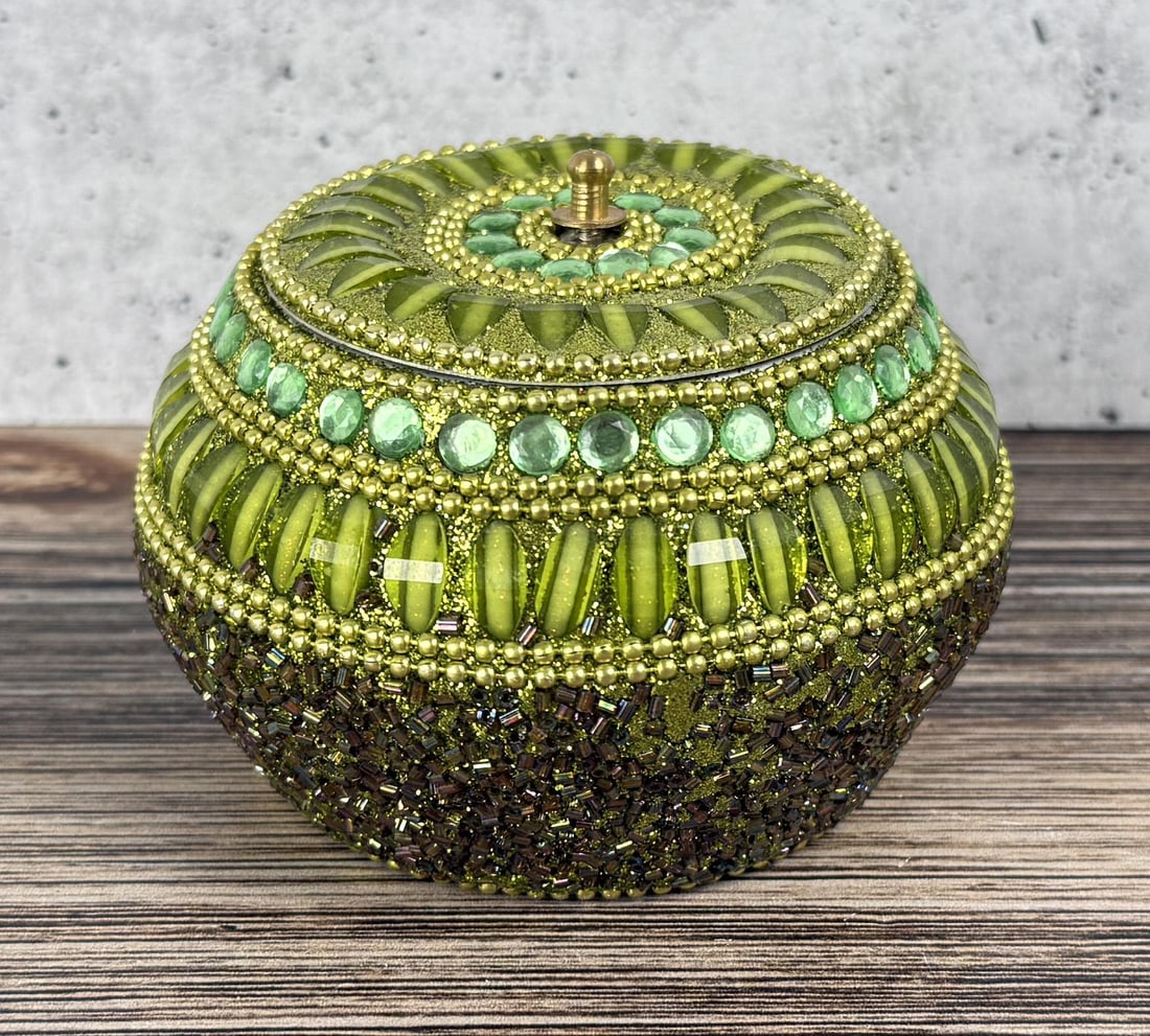 Beaded Treasure Trinket Box: 3 5/8" diameter, 2 1/2" tall.