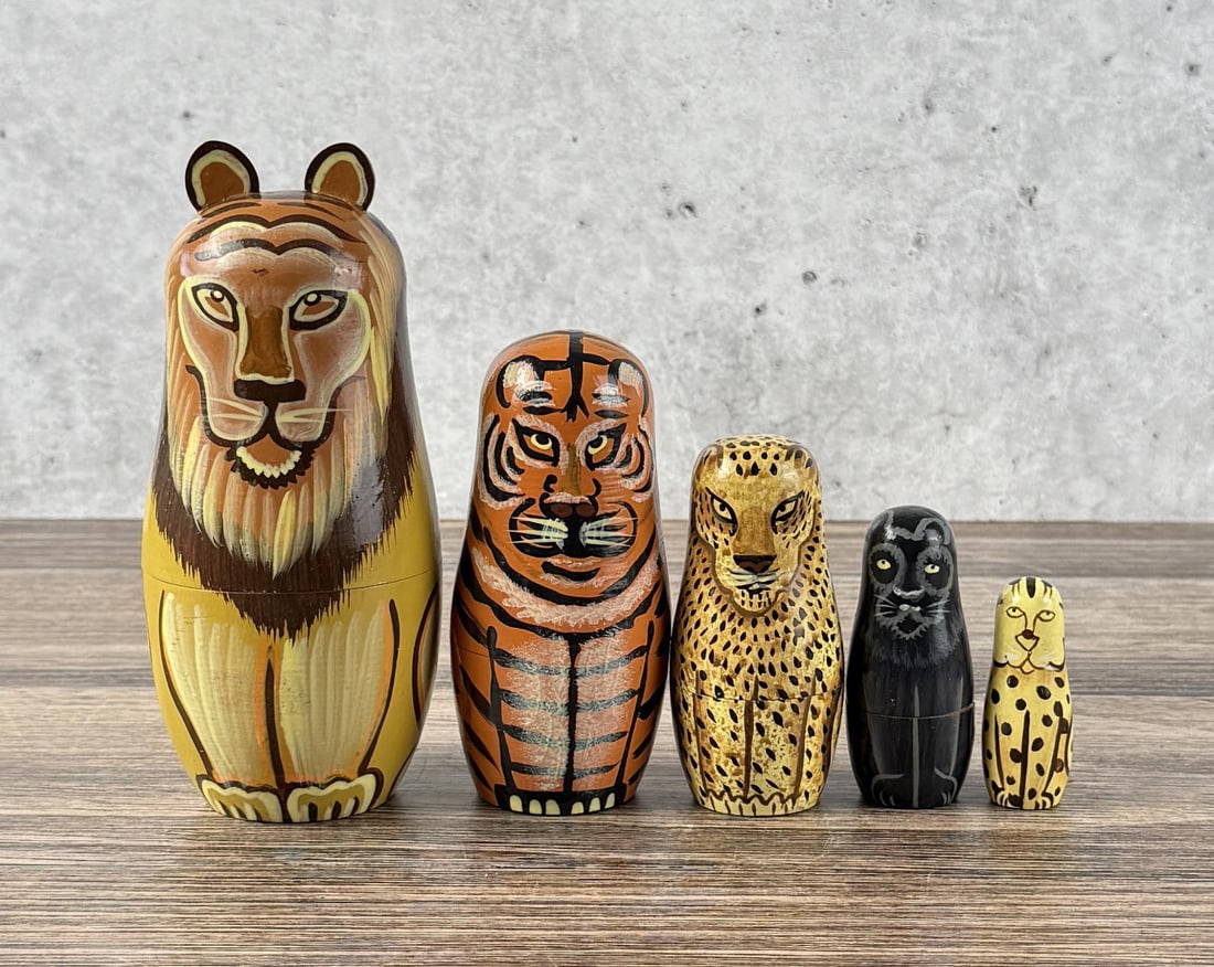 Traditional Russian Matryoshka Nesting Doll Set: Big cats. 6 1/2" tall, 3" diameter.