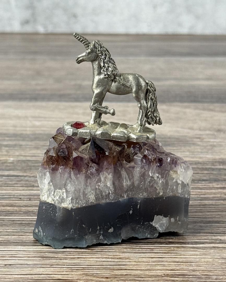 Pewter Unicorn On Amethyst Crystal: 3" by 2 1/2" by 1 7/8"
