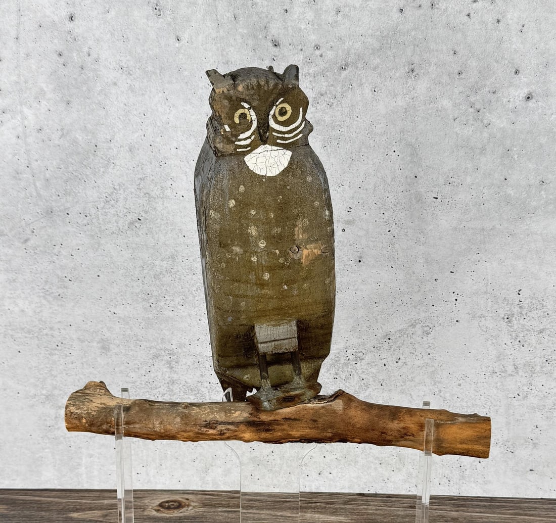 Folk Art Wood Owl Decoy: 13 1/8" by 12" by 6 1/4" on branch.