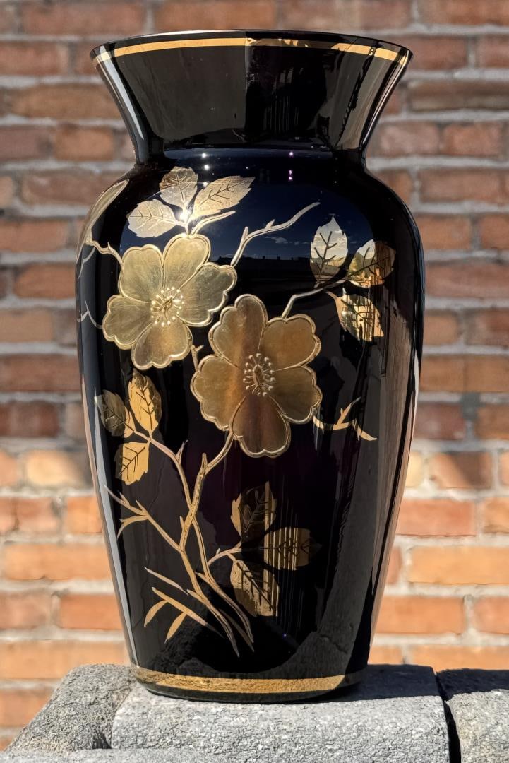 Black Amethyst Painted Vase: 9 3/4" tall, 5 1/2" diameter.