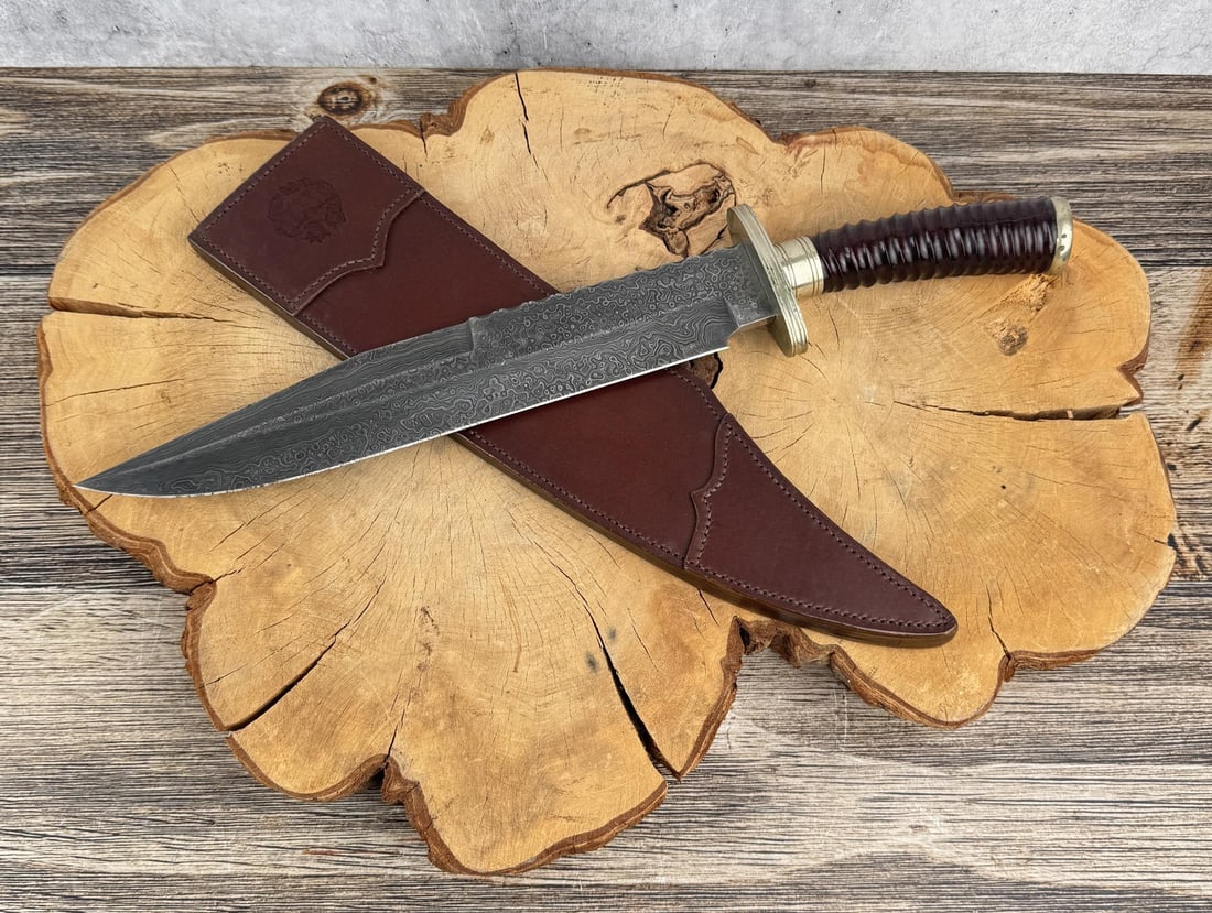 Lewis Drake Custom Made Damascus Bowie Knife: 17" long. PROVENANCE: from the renowned collection of quality sporting arms from Lewis Drake together with inventory of Lewis Drake Associates.