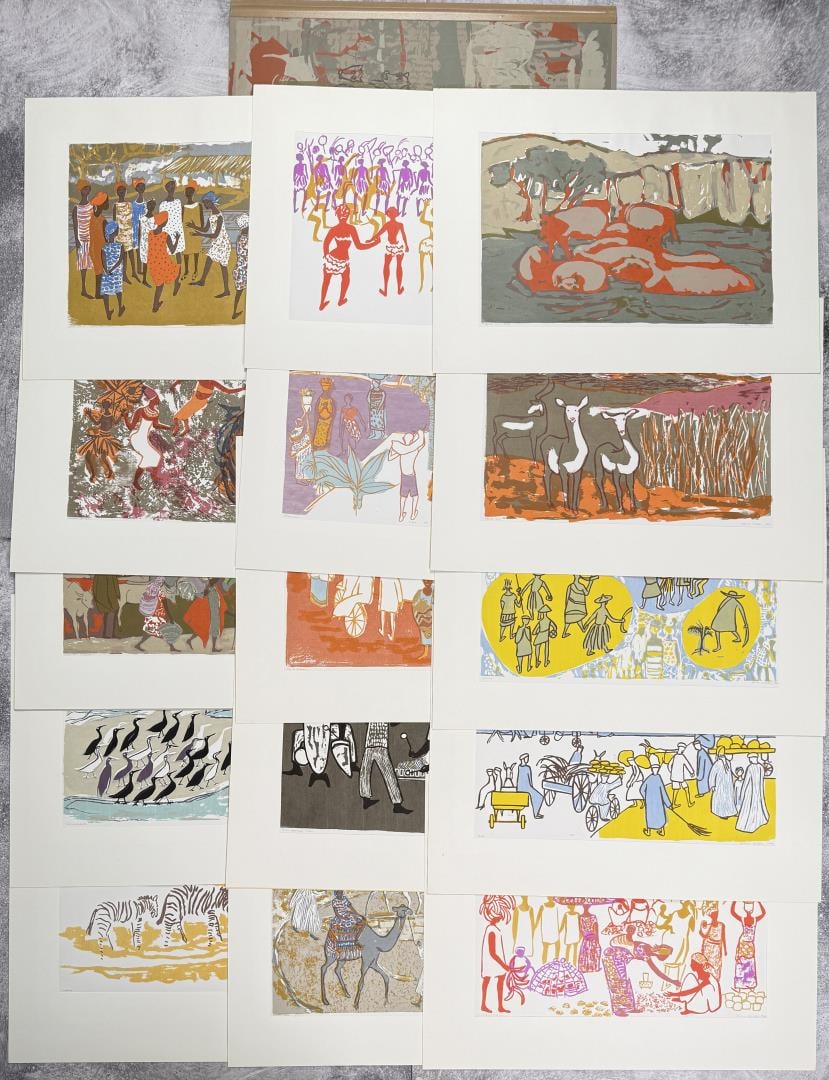 Jessie Wilber Montana WPA Serigraph Print Set: Nice grouping of 15 serigraphs. 27" by 20'' tall. Jessie Wilber pursued her bachelor?s and master?s degrees in art at Colorado State Teaching College. Then she took a position in the fledgling art dep