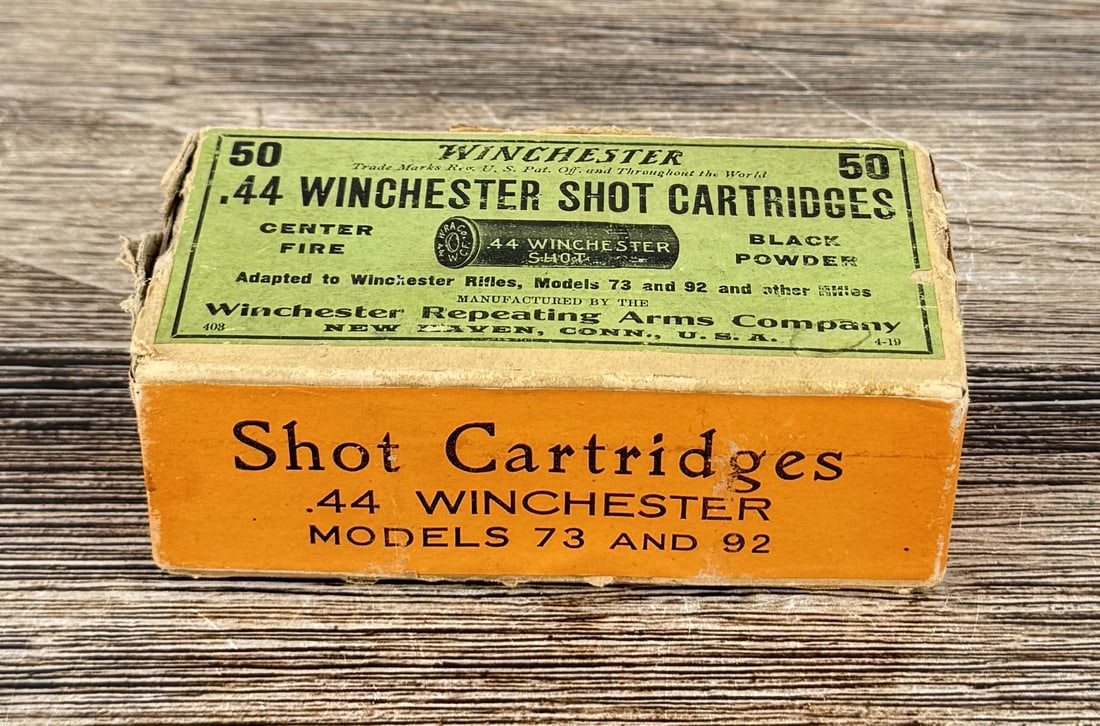 Winchester .44 Shot Cartridges Ammo Box: Models 73 and 92. Full Box. California and New York Shipments requires this lot to be sent to an FFL Dealer. No sales to Alaska and Hawaii.