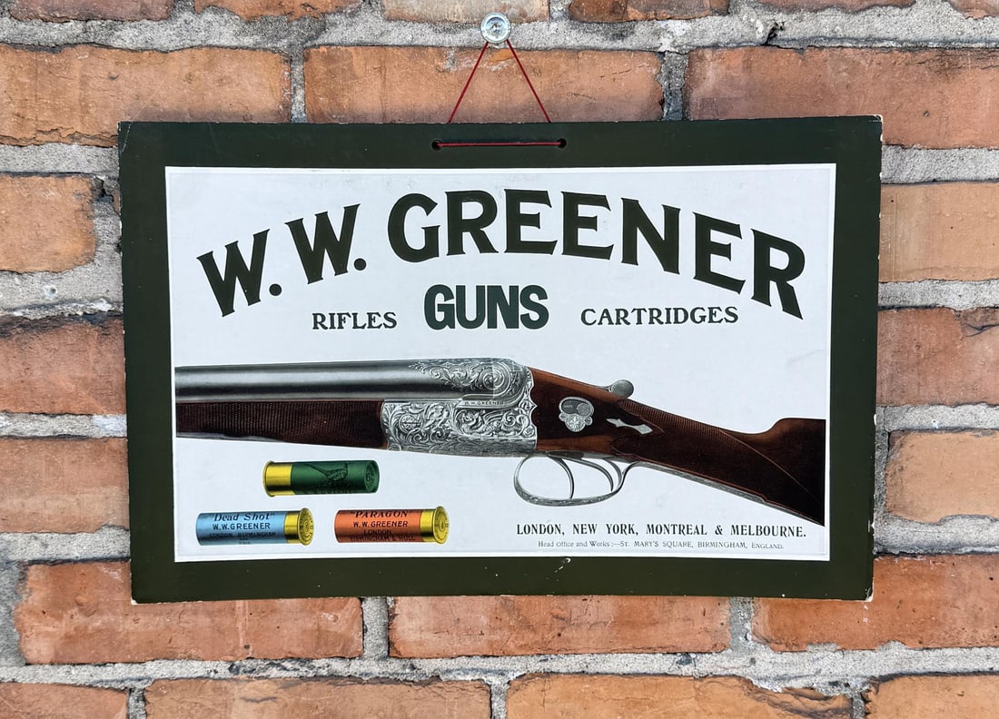 W.W. Greener Guns Store Display Sign: Exceptional and Rare. Embossed Cardboard. 11" by 17".
