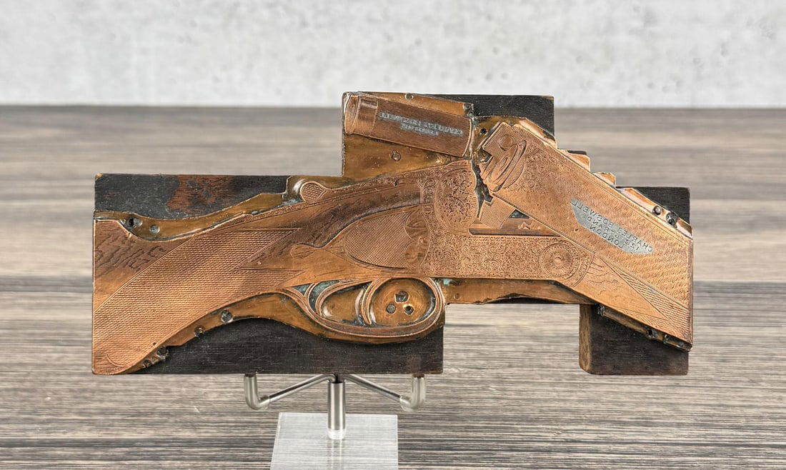Boswell Shotgun Printing Block Plate: Copper gun catalogue printing plate for Charles Boswell shotguns with London address. 7 1/8" long by 3 3/8" tall.