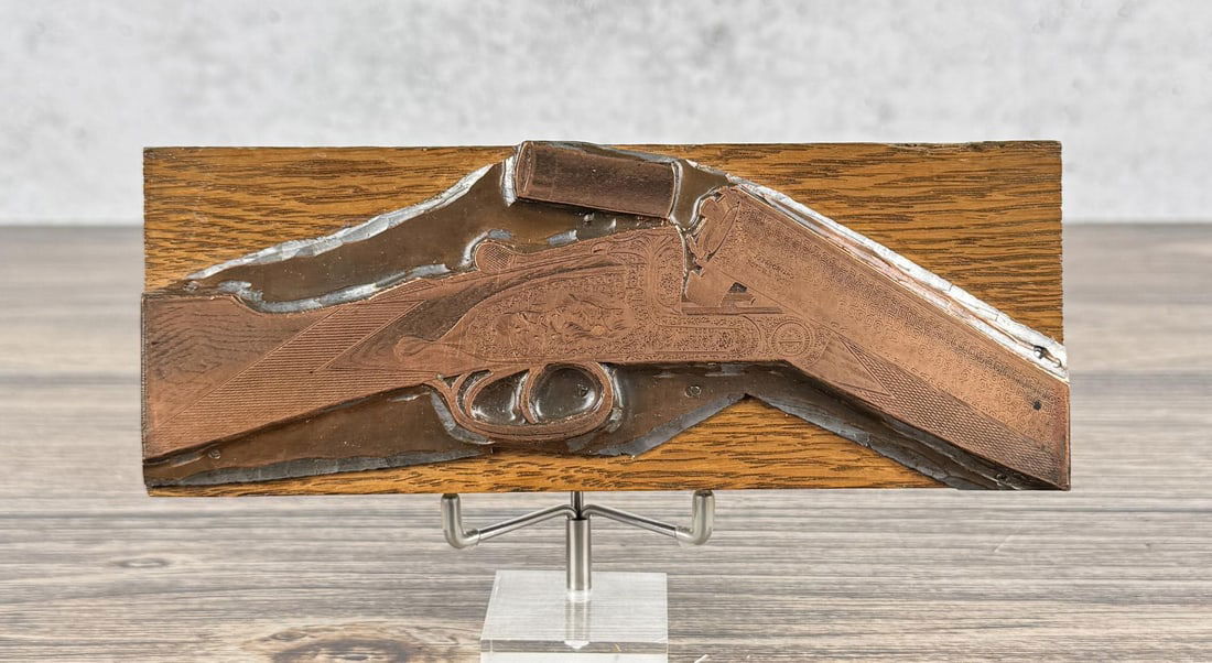 Boswell Shotgun Printing Block Plate: Copper gun catalogue printing plate for Charles Boswell shotguns. 4 5/8" long by 2 1/2" tall.7 5/8" long by 3" tall.