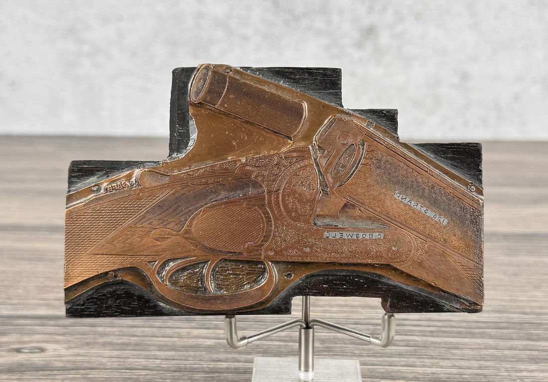 Boswell Shotgun Printing Block Plate: Copper gun catalogue printing plate for Charles Boswell shotgun. 5 3/8" long by 3 3/8" tall.