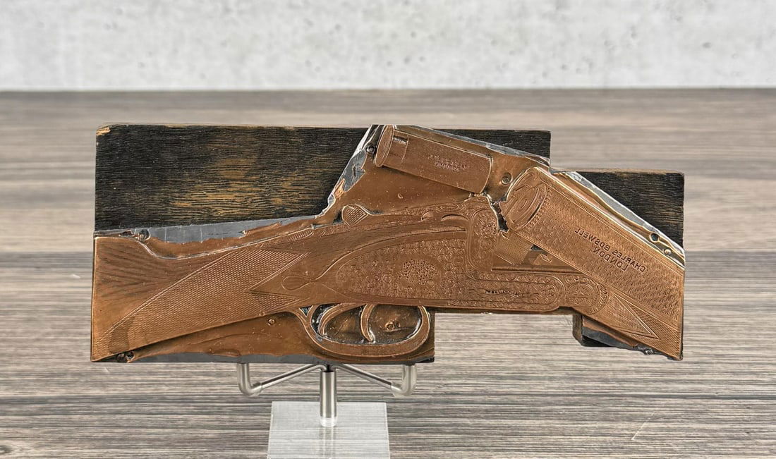 Boswell Shotgun Printing Block Plate: Copper gun catalogue printing plate for Charles Boswell non ejector shotgun. 7 3/8" long by 3" tall.