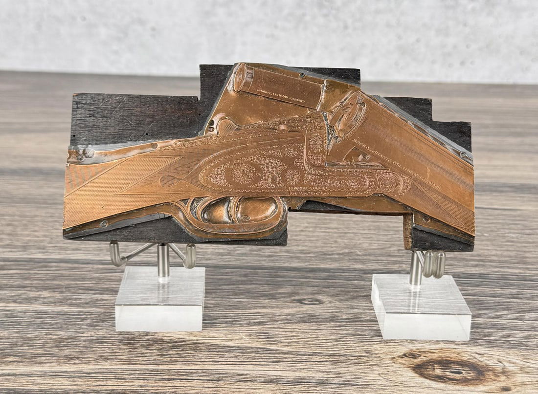 Boswell Shotgun Printing Block Plate: Copper gun catalogue printing plate for Charles Boswell shotguns. With companies address in London. 7 1/8" long by 3 1/4" tall.