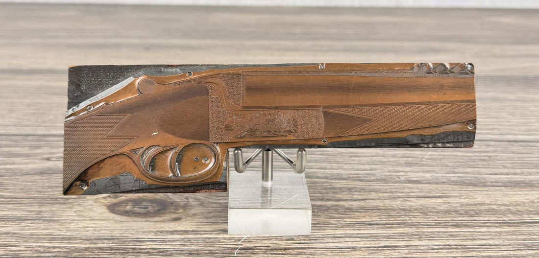 Boswell Shotgun Printing Block Plate: Copper gun catalogue printing plate for Charles Boswell shotguns. 7 3/8" long by 2 3/8" tall.