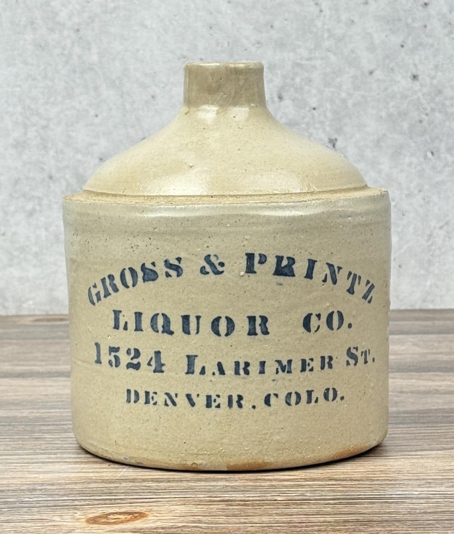 Gross & Printz Liquor Co Denver Colorado Jug: 7 1/4" by 6 1/4" by 6 1/4".